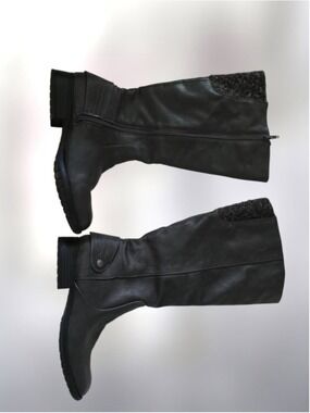 Women's Wide-Calf Charcoal Gray Knee-High Faux Leather Boots with Knit Cuff